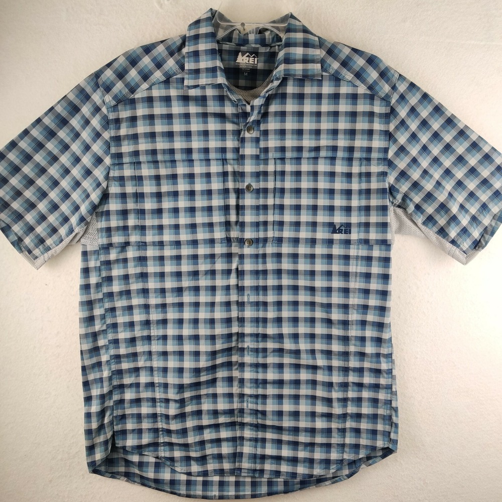 REI Mens Mediun Button Down Short Sleeve Fishing Hiking Shirt Blue Check‎ Size M